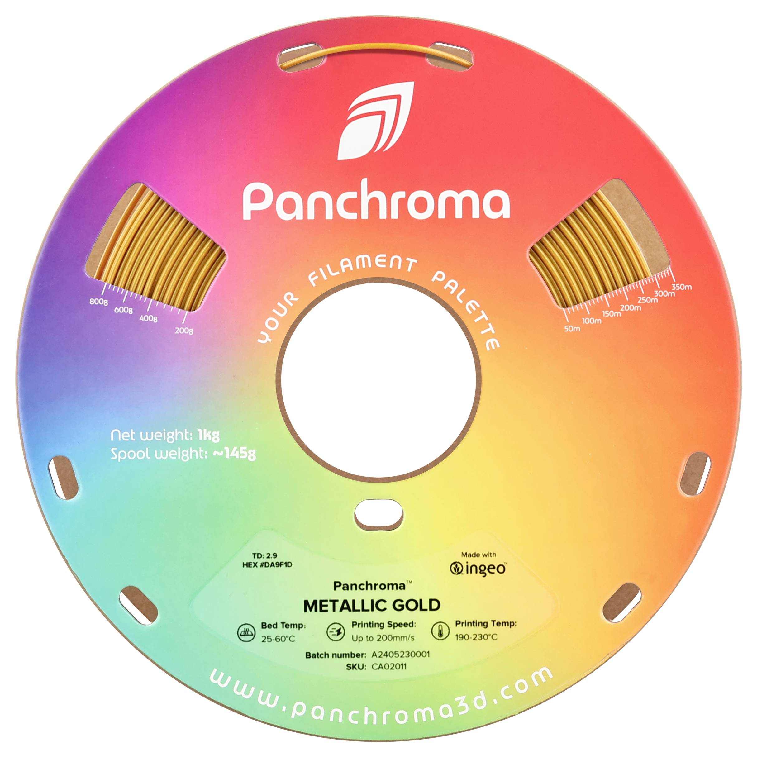 Eine bunte Filamentspule mit der Marke 'Panchroma' für 3D-Drucker, zeigt die Farbe Metallic Gold, 1 kg Nettogewicht, Drucktemperatur 190-230°C.