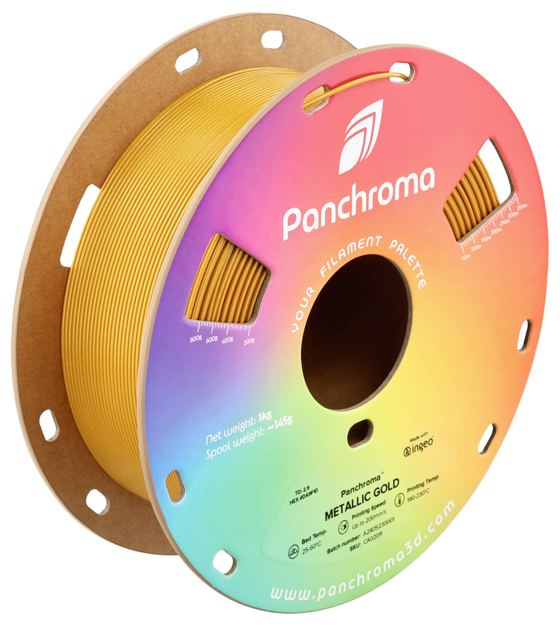 Spule mit goldfarbenem 3D-Drucker-Filament von Panchroma, etikettiert mit 'METALLIC GOLD', auf regenbogenfarbenem Hintergrund.