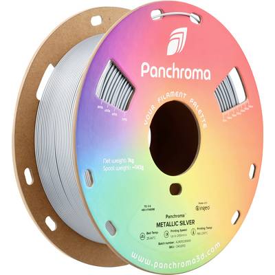 Filamentspule in metallischem Silberton mit Regenbogendesign. Enthält 1 kg Filament für 3D-Drucker. Marke: Panchroma.
