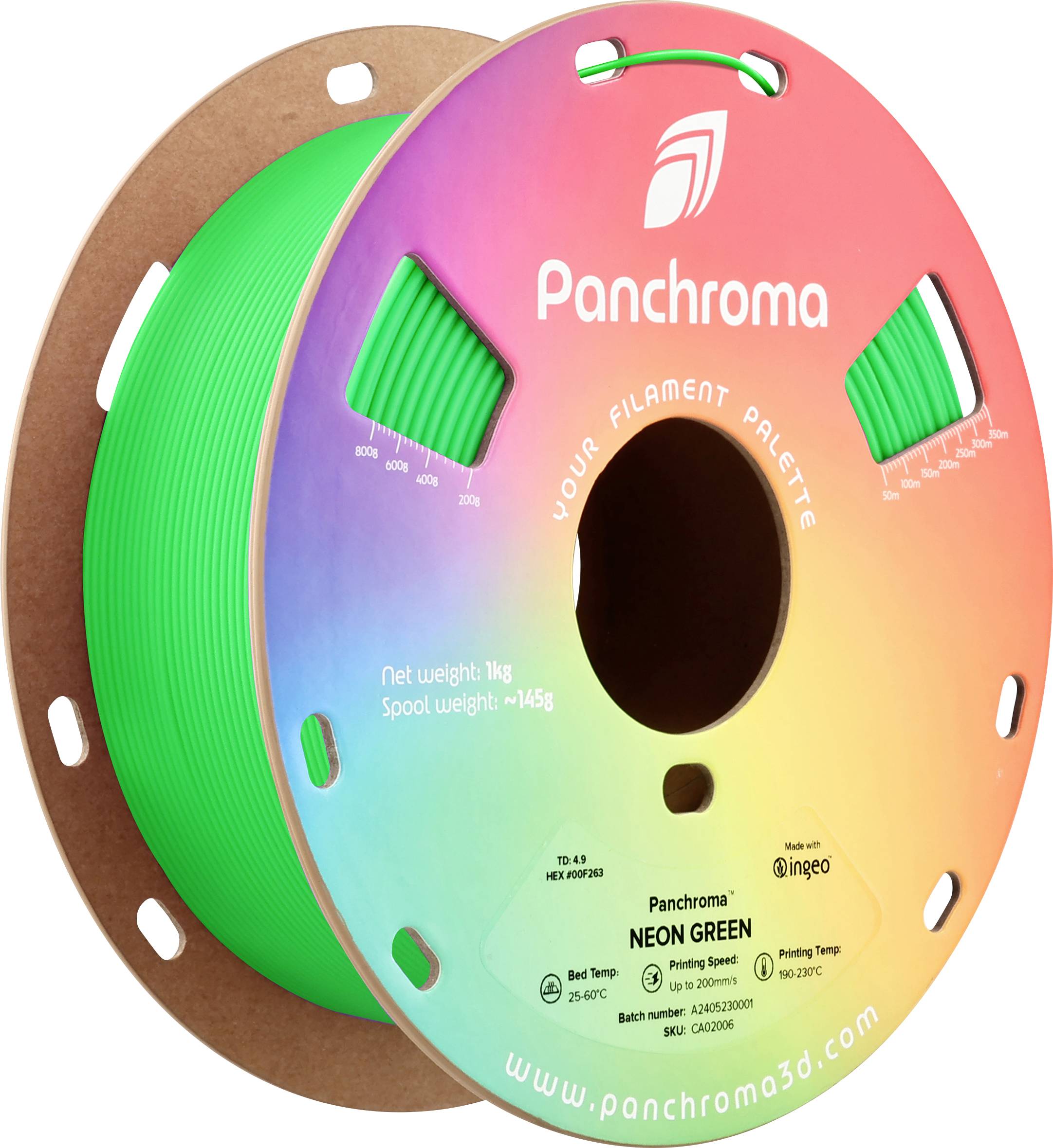 Eine Spule grünes 3D-Druckfilament mit der Aufschrift 'Panchroma Neon Green'. Verpackung zeigt technischen Details und Gewichtsangaben.