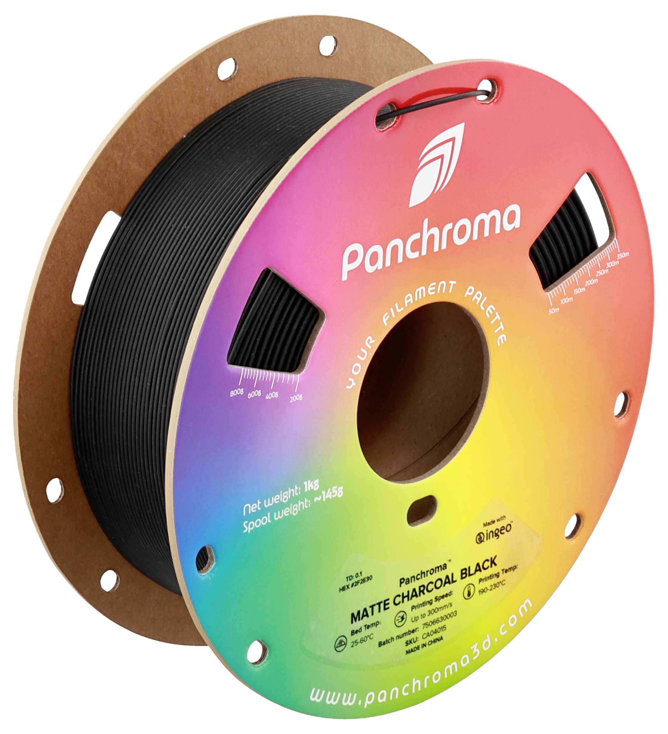 3D-Drucker-Filament, matte Anthrazitschwarz, auf Regenbogenrolle. Marke 'Panchroma', Nettogewicht 1 kg, Spulengewicht 145 g.