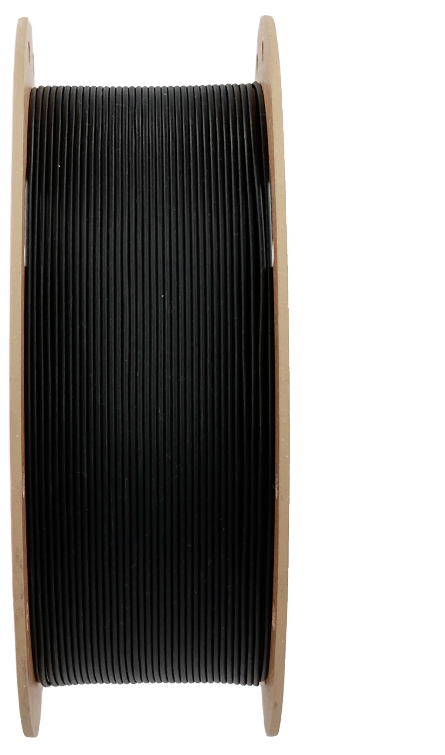 Eine Spule mit schwarzem, dünnem Kabel, von der Seite gesehen. Die Spule ist aus Holz gefertigt.