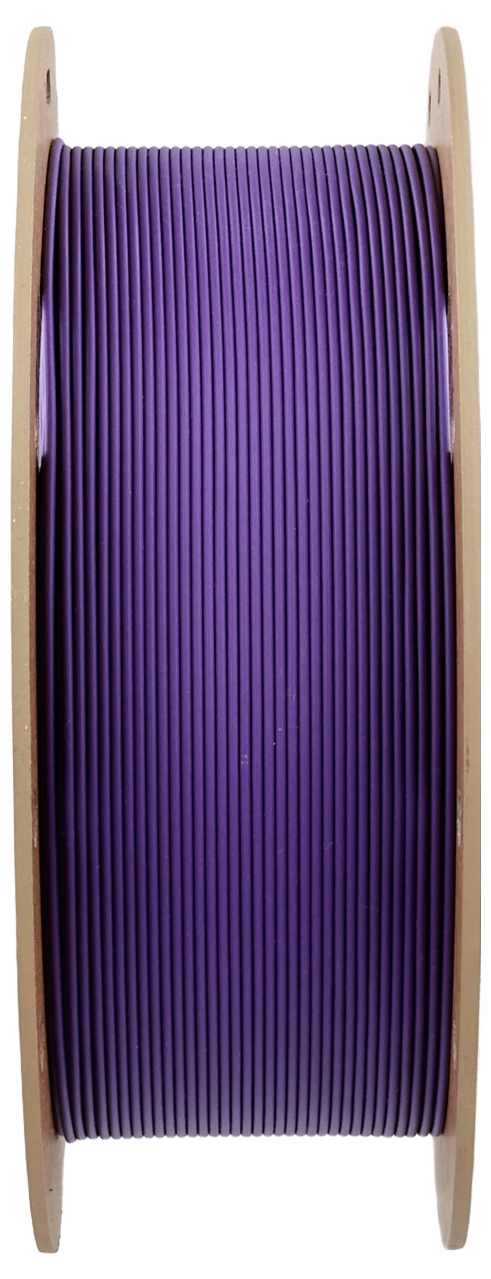 Eine Spule mit violettem Kabel, aufgerollt zwischen zwei Holzscheiben.