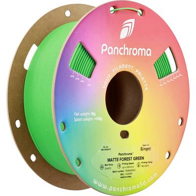 Eine Spule mit grünem 3D-Druckerfilament der Marke 'Panchroma', auf einem farbigen Kartonhalter montiert.