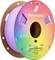 Eine Spule mit violettem 3D-Druckfilament von Panchroma, mit Regenbogenverpackung und Produktinformationen auf der Verpackung.
