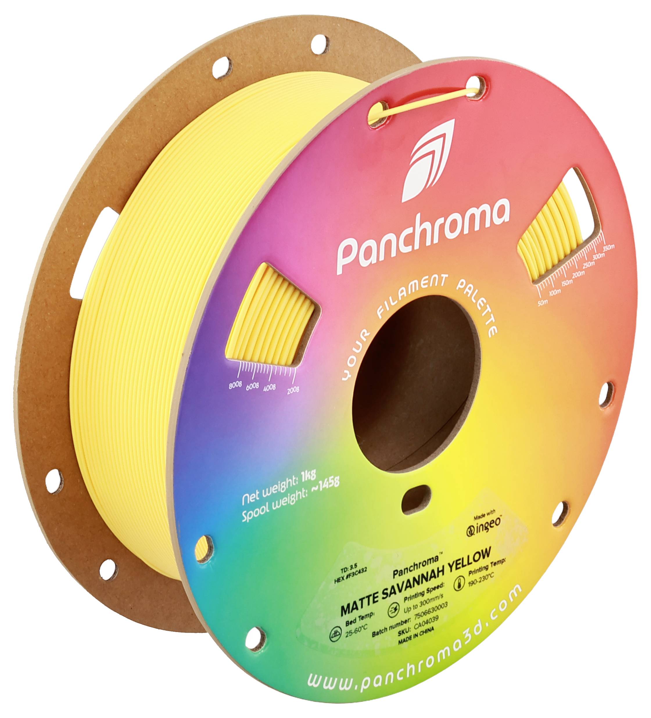 Eine Rolle 3D-Druckerfilament in der Farbe Gelb, verpackt in einer Regenbogenhülle der Marke Panchroma, zeigt das Gewicht und Filamentdetails.