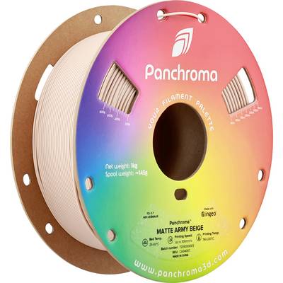 Eine bunte Spule mit 3D-Druckfilament in 'Matte Army Beige'. Etikett zeigt Gewicht und Temperaturhinweise. Marke: Panchroma.