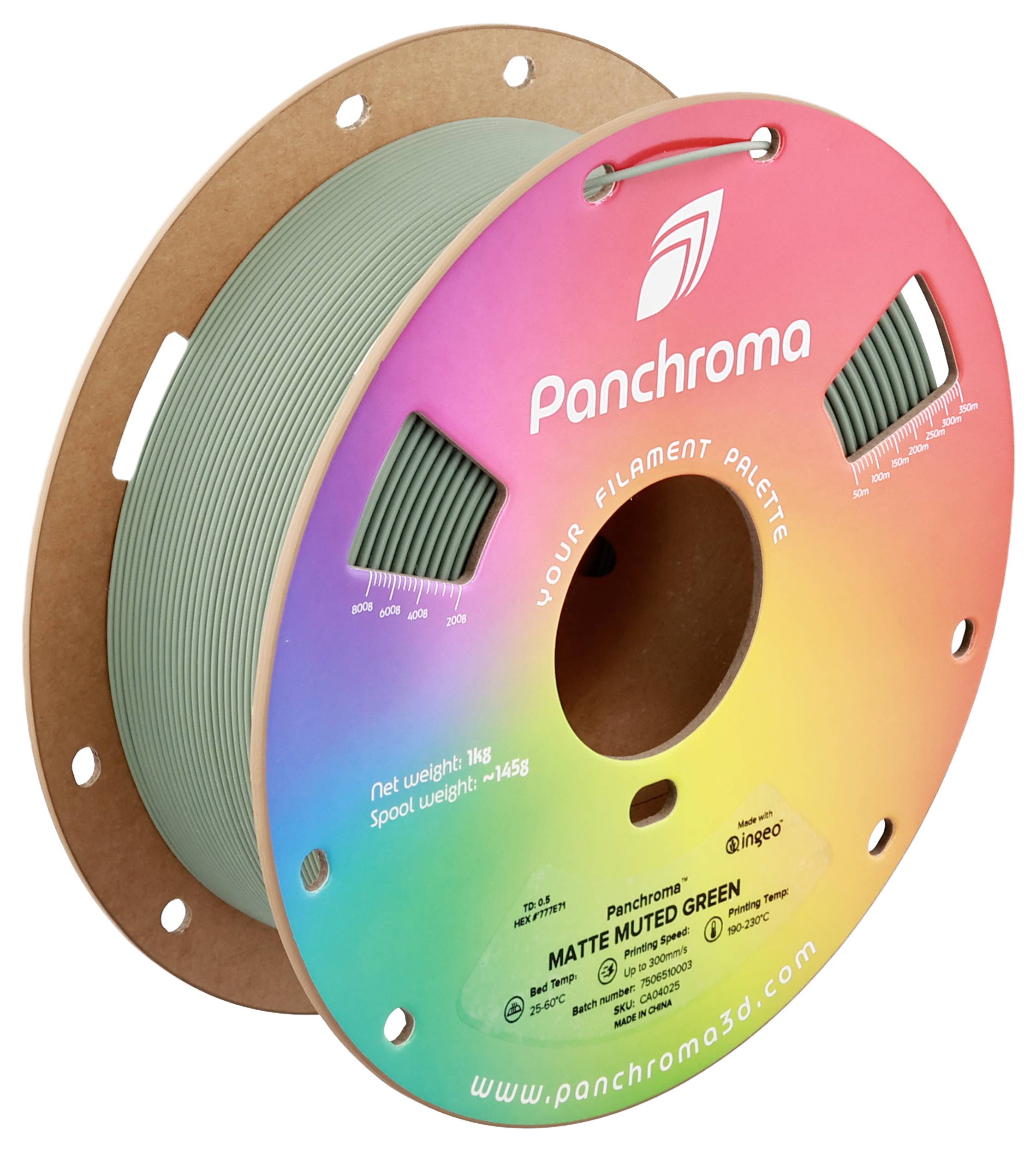 Eine Rolle 3D-Druckerfilament in "Matte Muted Green" Farbe von Panchroma, zeigt eine Regenbogenverpackung und wiegt 1 kg.