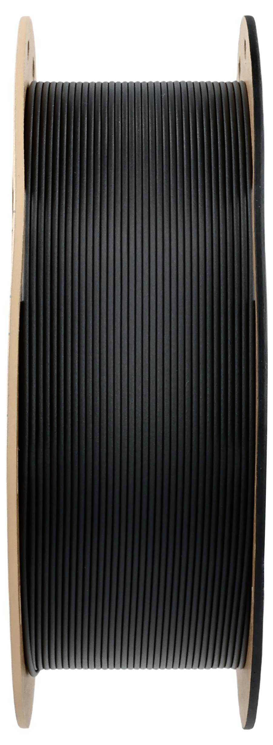 Schwarze Kunststoffspule, auf Holzrolle gewickelt, vertikal orientiert. Ideal für 3D-Druck oder Drahtverwendung.
