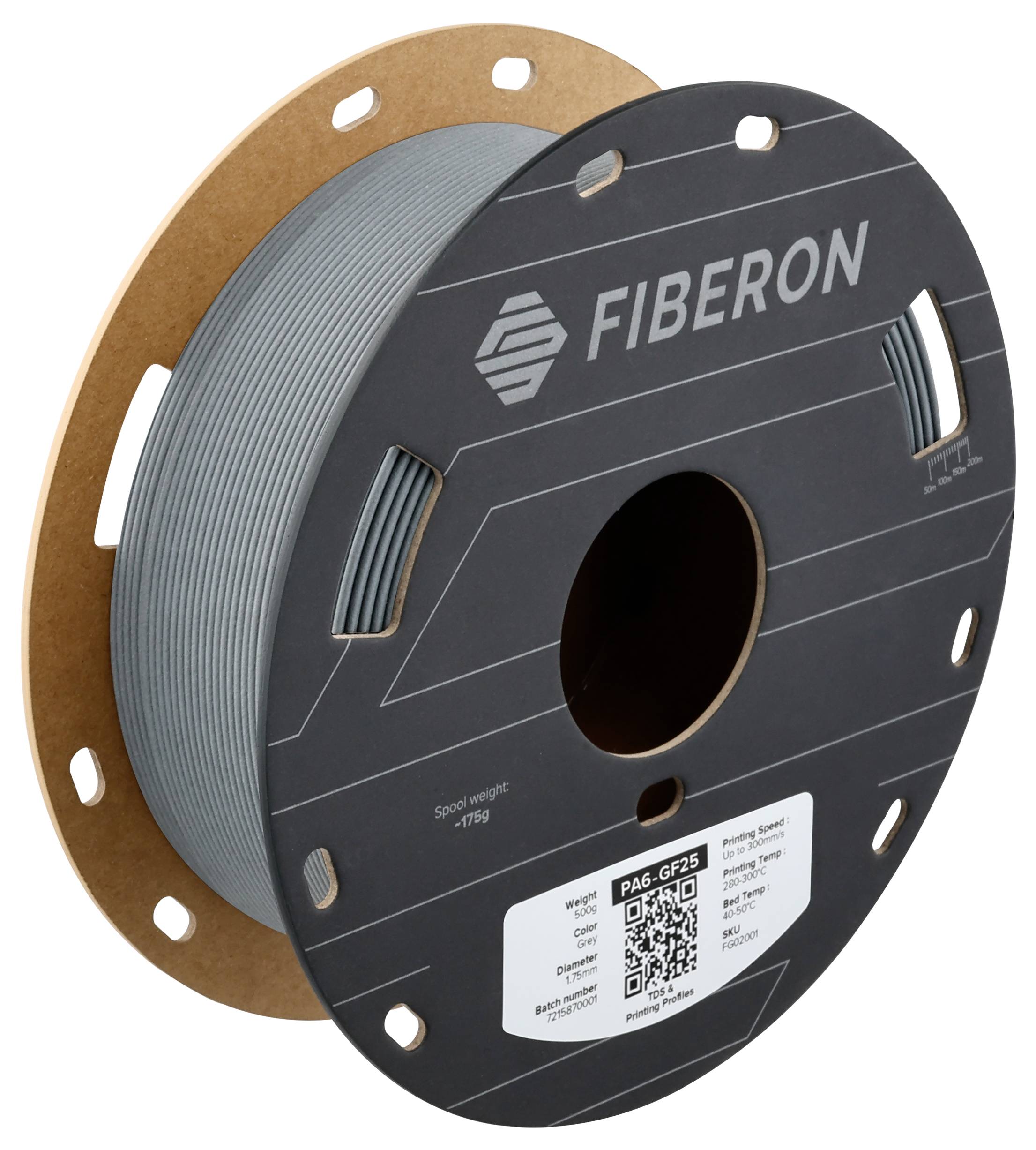 Spule mit grauem 3D-Druckfilament von 'FIBERON', Modell 'PA6-GF25', 1 kg.