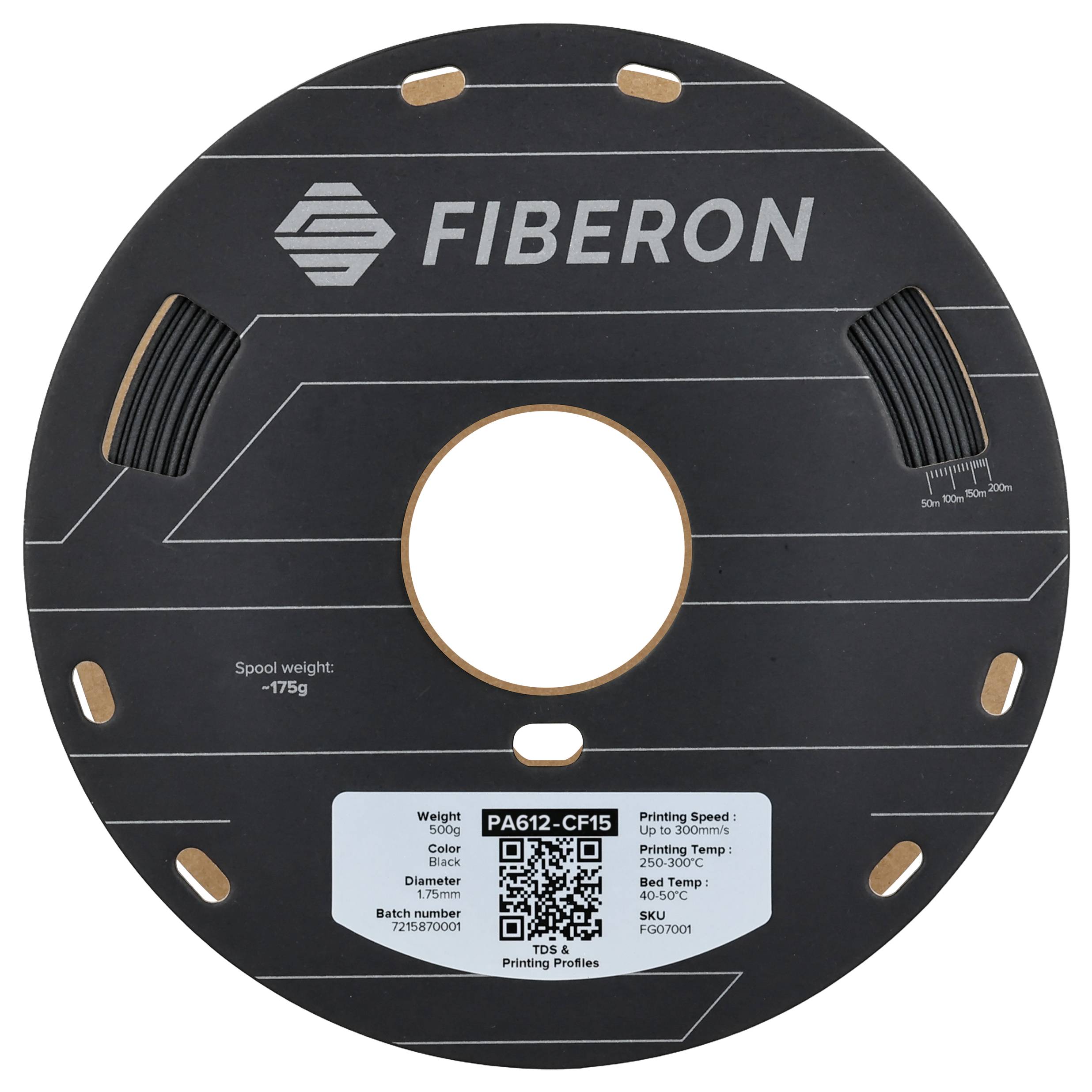 'Filamentrolle von Fiberon mit QR-Code, Gewicht: 100g, Farbe: Schwarz, Material: PA612-CF15, Temperatur: 270-300°C, Geschwindigkeit: 15-100 mm/s.'