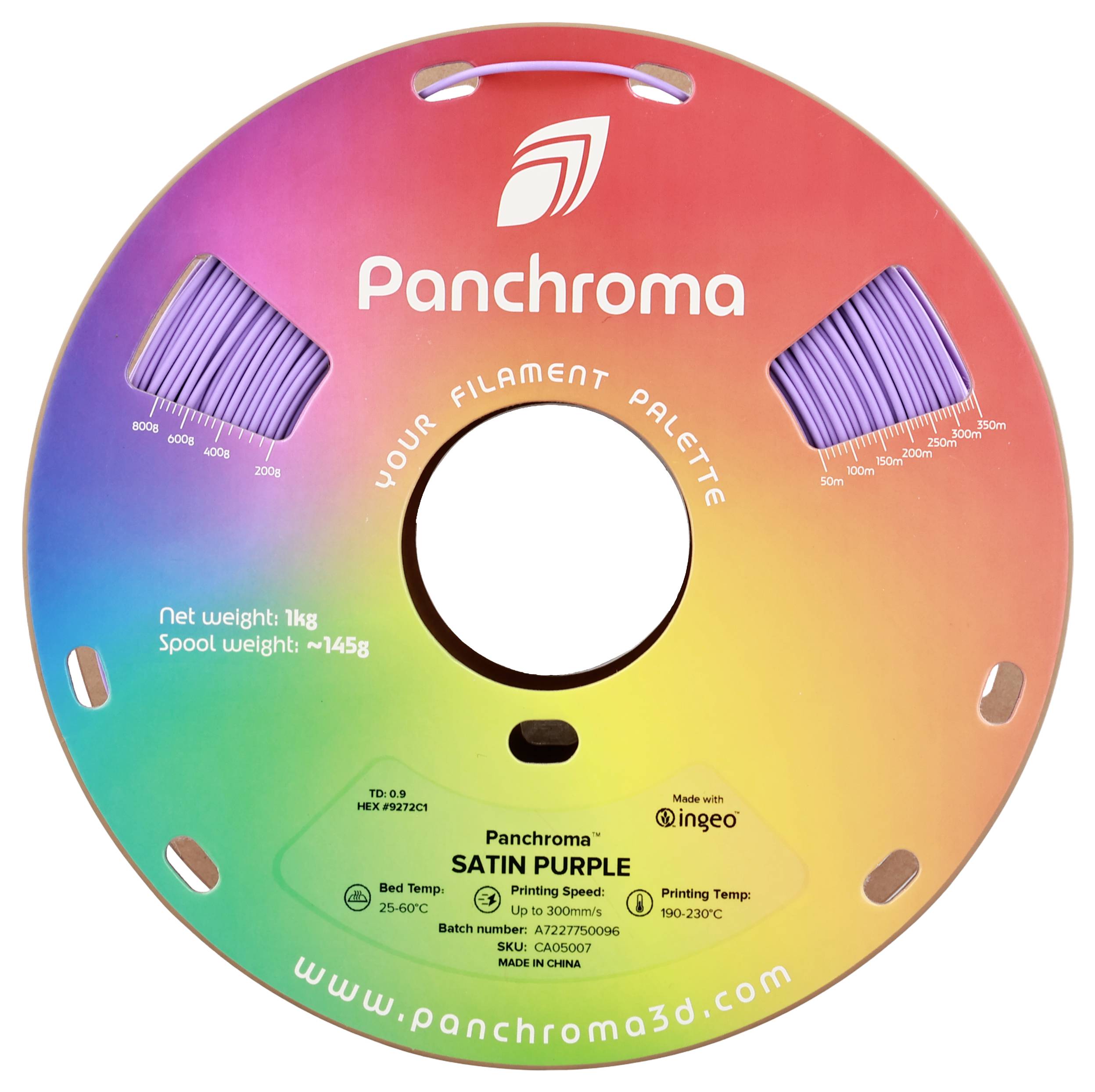 Abbildung einer Filamentspule der Marke Panchroma für 3D-Drucker in Regenbogenfarben mit der Aufschrift 'Satin Purple'.