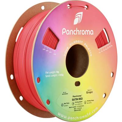 Rolle mit rotem 3D-Druckfilament der Marke Panchroma; auf bunter Verpackung. Gewicht: 1 kg. Geeignet für diverse Temperaturbereiche.