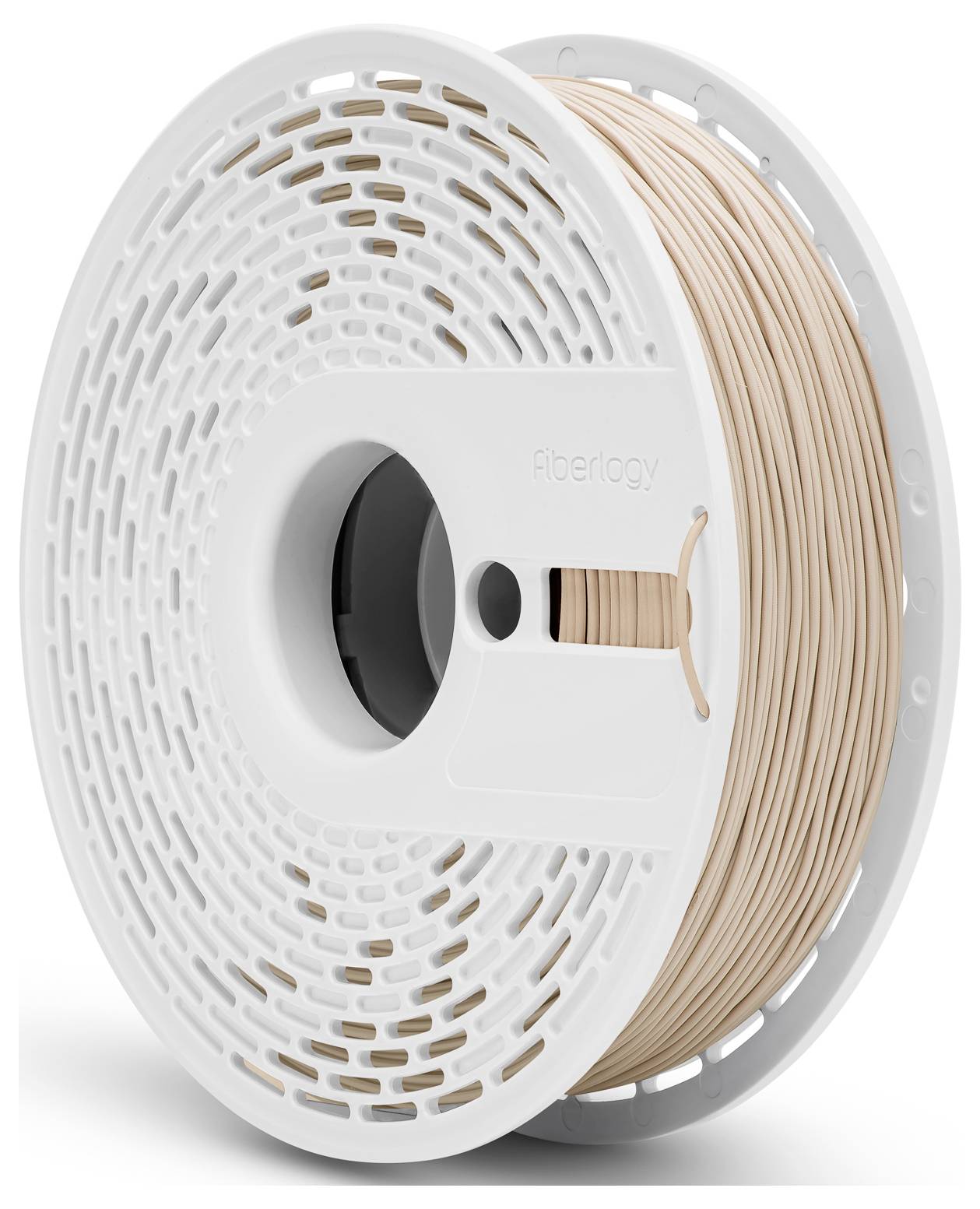 Eine Spule mit hellbraunem Filament für 3D-Drucker, auf einer weißen Spule gewickelt. Geeignet für präzisen Druck und Modellbau.