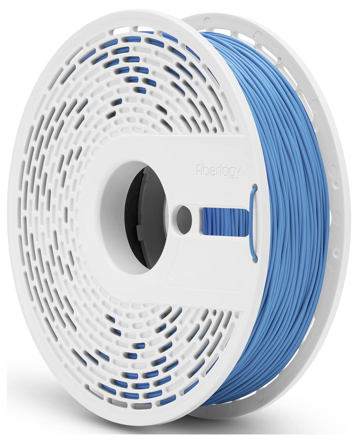 Eine weiße Spule mit blauem 3D-Druckerfilament, beschriftet mit 'fiberlogy'.