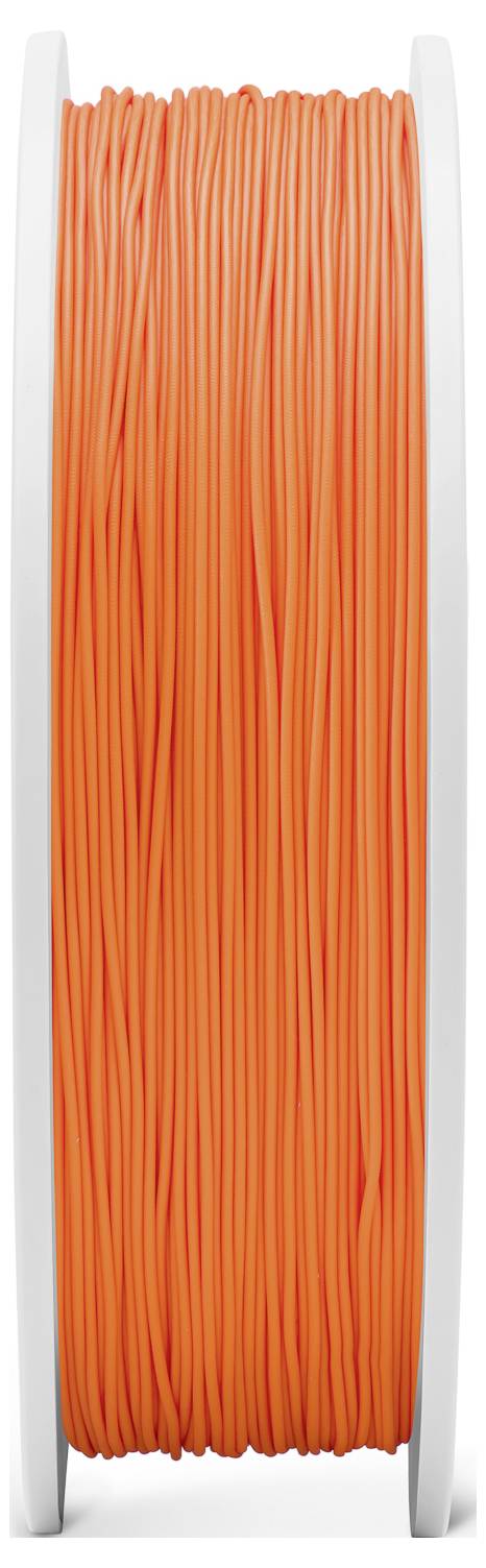 Eine Rolle mit orangefarbenem Filament, das für 3D-Drucker verwendet wird.