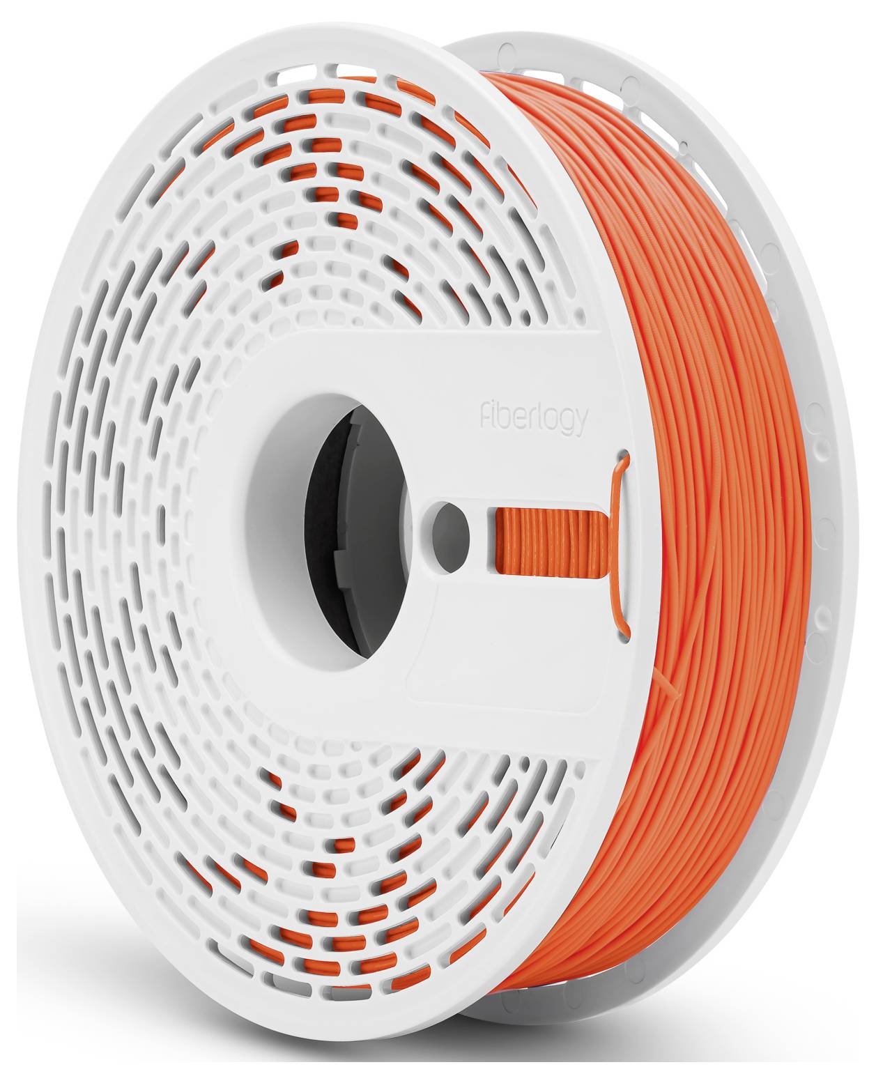 Weiße Plastikspule mit orangefarbenem Filament für 3D-Drucker. Spulenmuster ist durchbrochen für Materialüberprüfung.