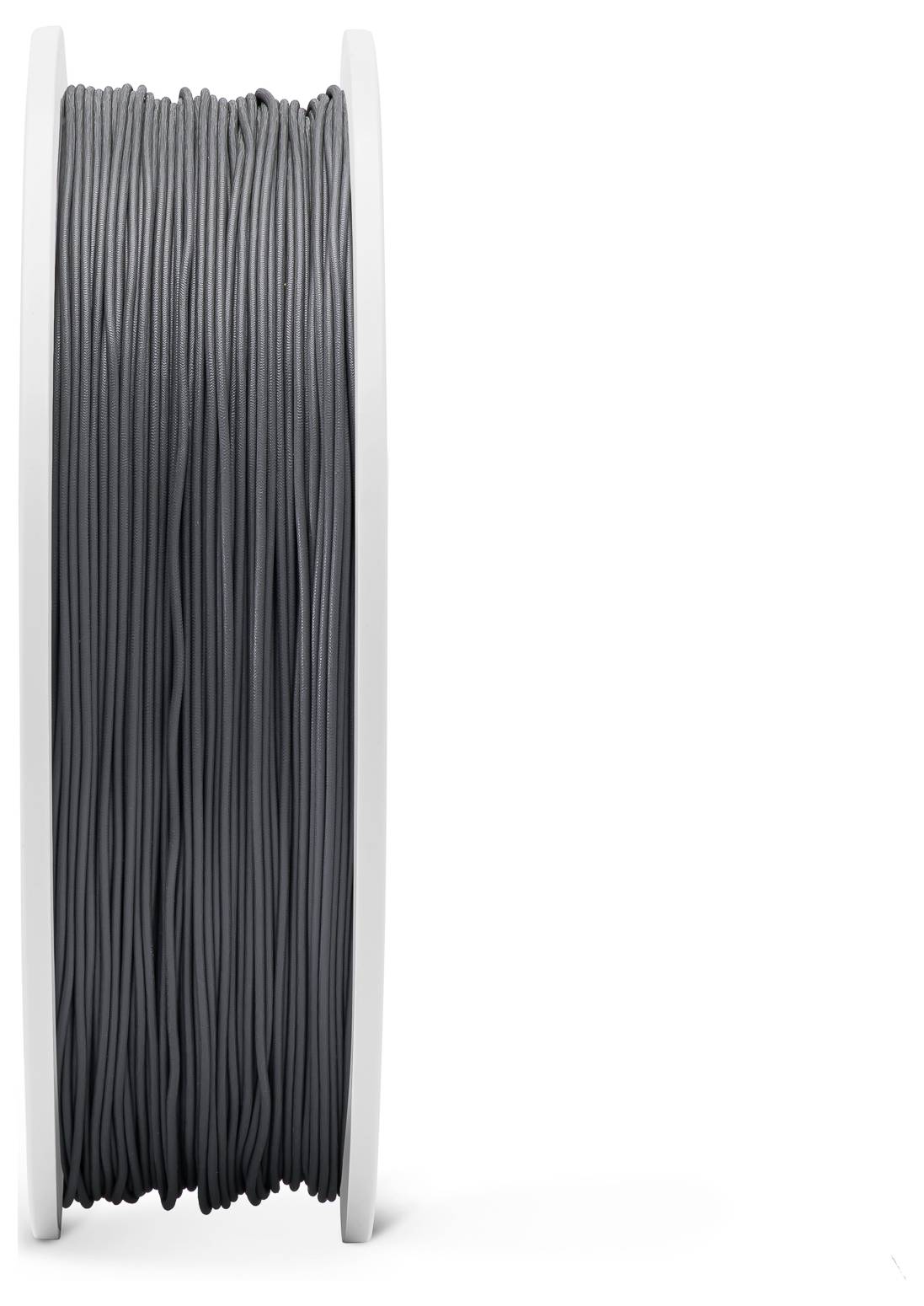 Eine Rolle mit grauem Filament, das für 3D-Drucker verwendet wird. Das Filament ist sauber auf der Spule aufgewickelt.