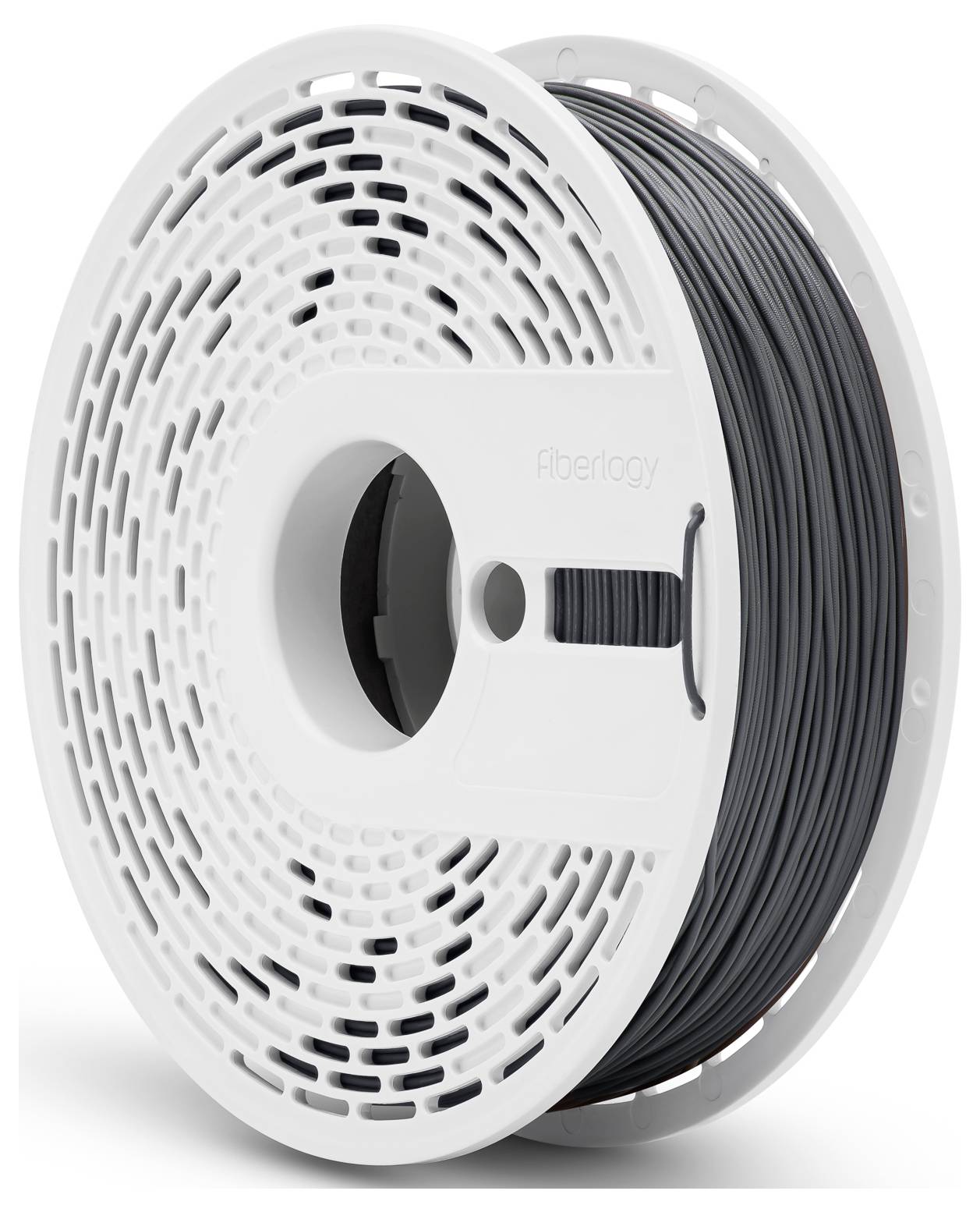 Eine Kunststoffspule mit dunklem 3D-Druckerfilament, seitlich aufgenommen. Die Spule hat ein offenes, gitterartiges Muster.