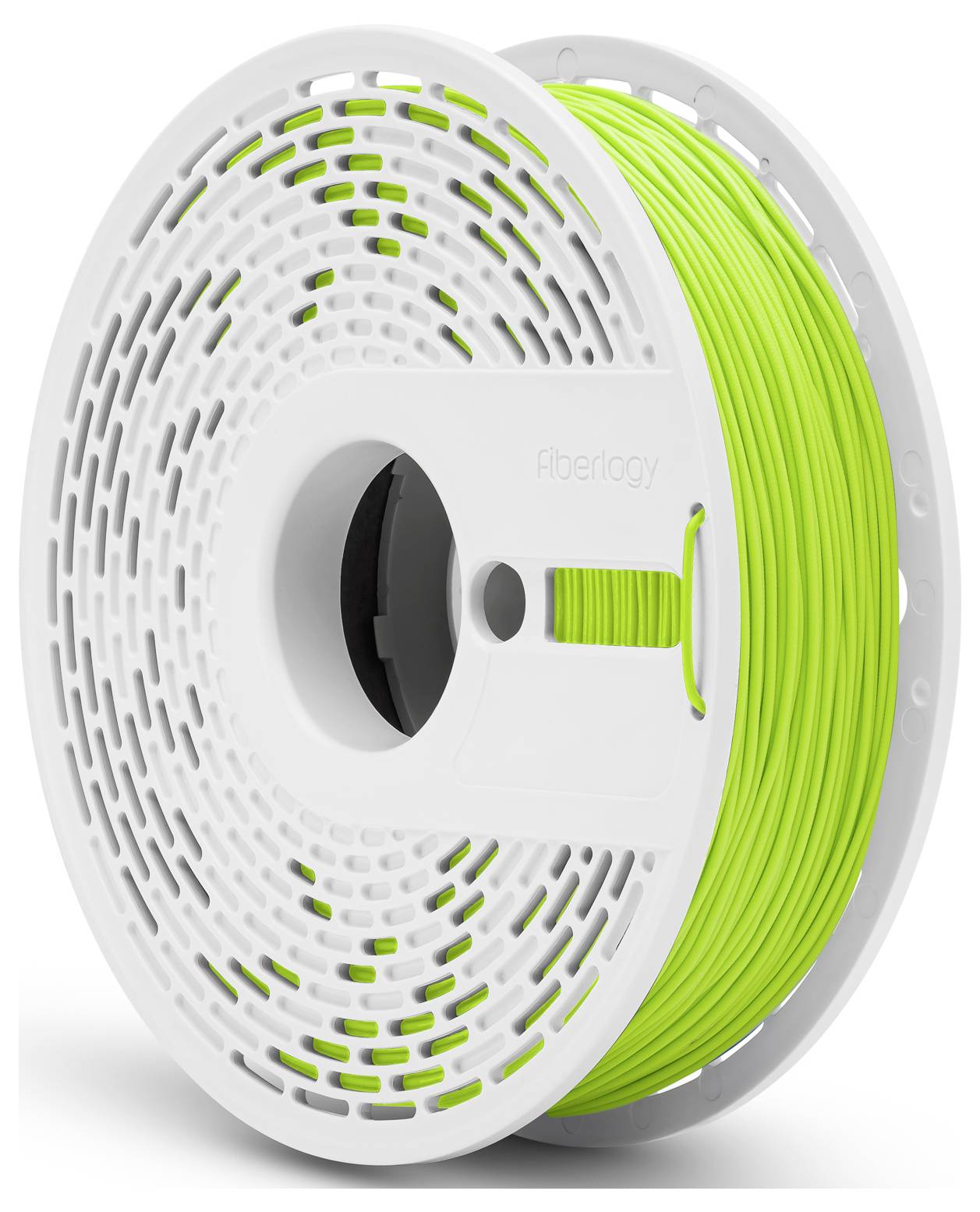 Eine weiße Spule mit leuchtend grünem Filament für 3D-Drucker, markiert mit 'fiberlogy'.