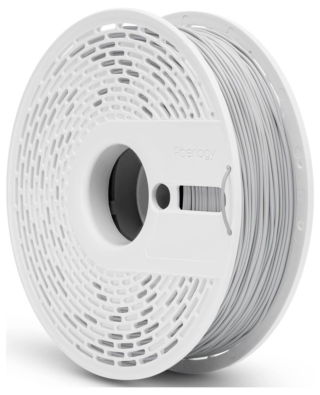 Eine weiße Spule mit grauem 3D-Druckerfilament, hergestellt von Fiberlogy. Die Spule hat ein durchbrochenes Design auf der Oberfläche.