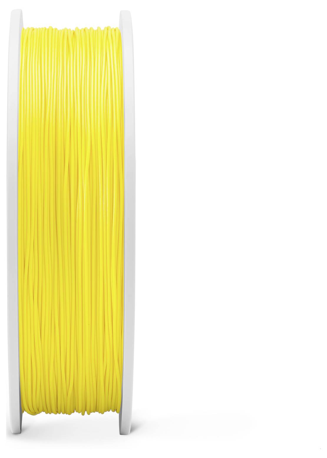 Eine weiße Spule mit leuchtend gelbem Kunststoffdraht, typischerweise verwendet für 3D-Drucker.