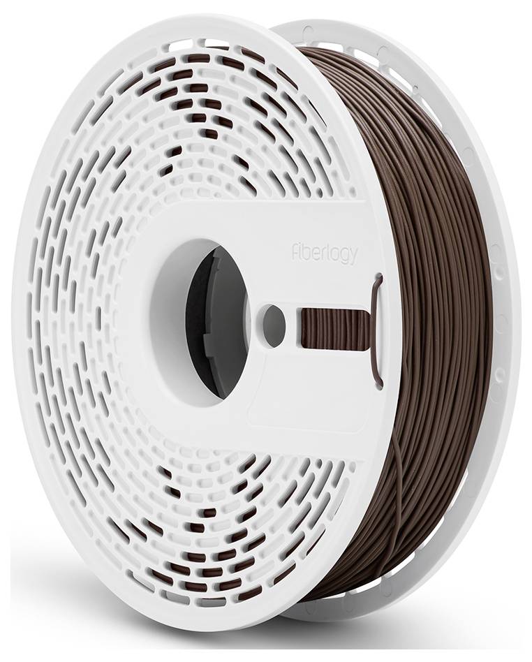 Rolle aus weißem Kunststoff mit braunem Filament, geeignet für den 3D-Druck, auf der ein Logo von 'fiberlogy' sichtbar ist.