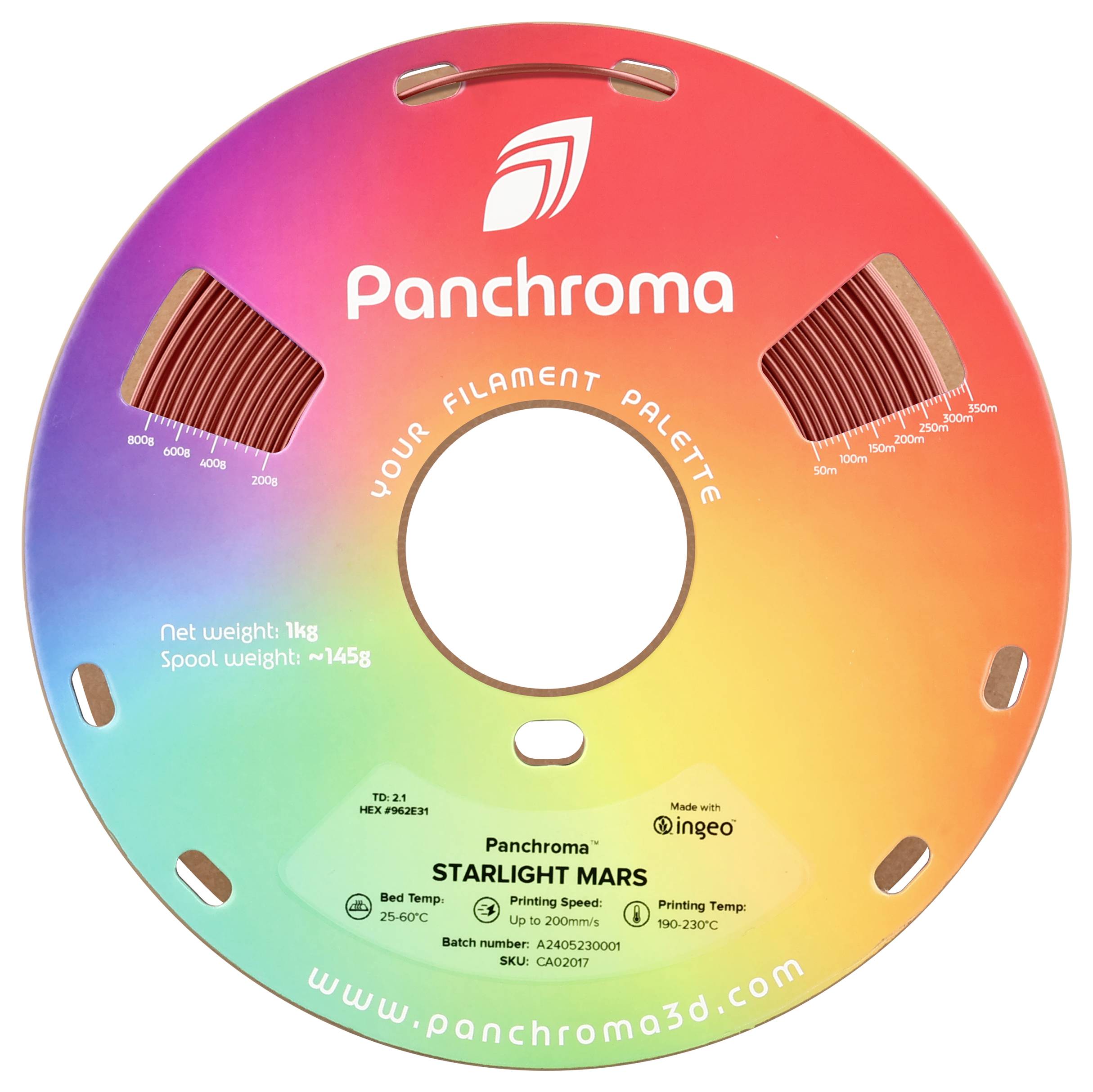 3D-Drucker-Filamentrolle mit Farbverlauf und Markenlogo. Textdetails zur Gewichtsangabe, Temperaturbereiche und Herstellerinfo.
