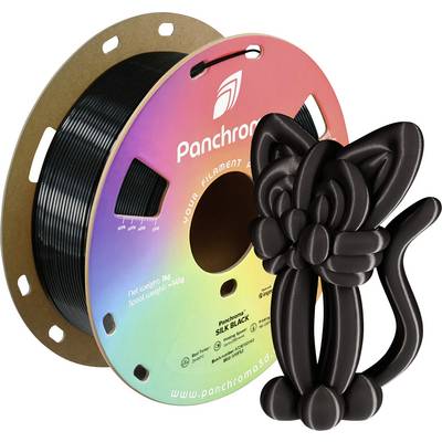 'Panchrom Filament' in schwarzer Seidenoptik auf einer Rolle, daneben eine schwarze 3D-gedruckte Katzenfigur.