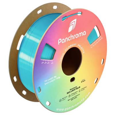 3D-Drucker-Filamentrolle in 'Silk Light Blue'. Das Etikett zeigt das Gewicht: Nettogewicht 1 kg, Spulen-Gewicht 145 g. Marke: Panchroma.