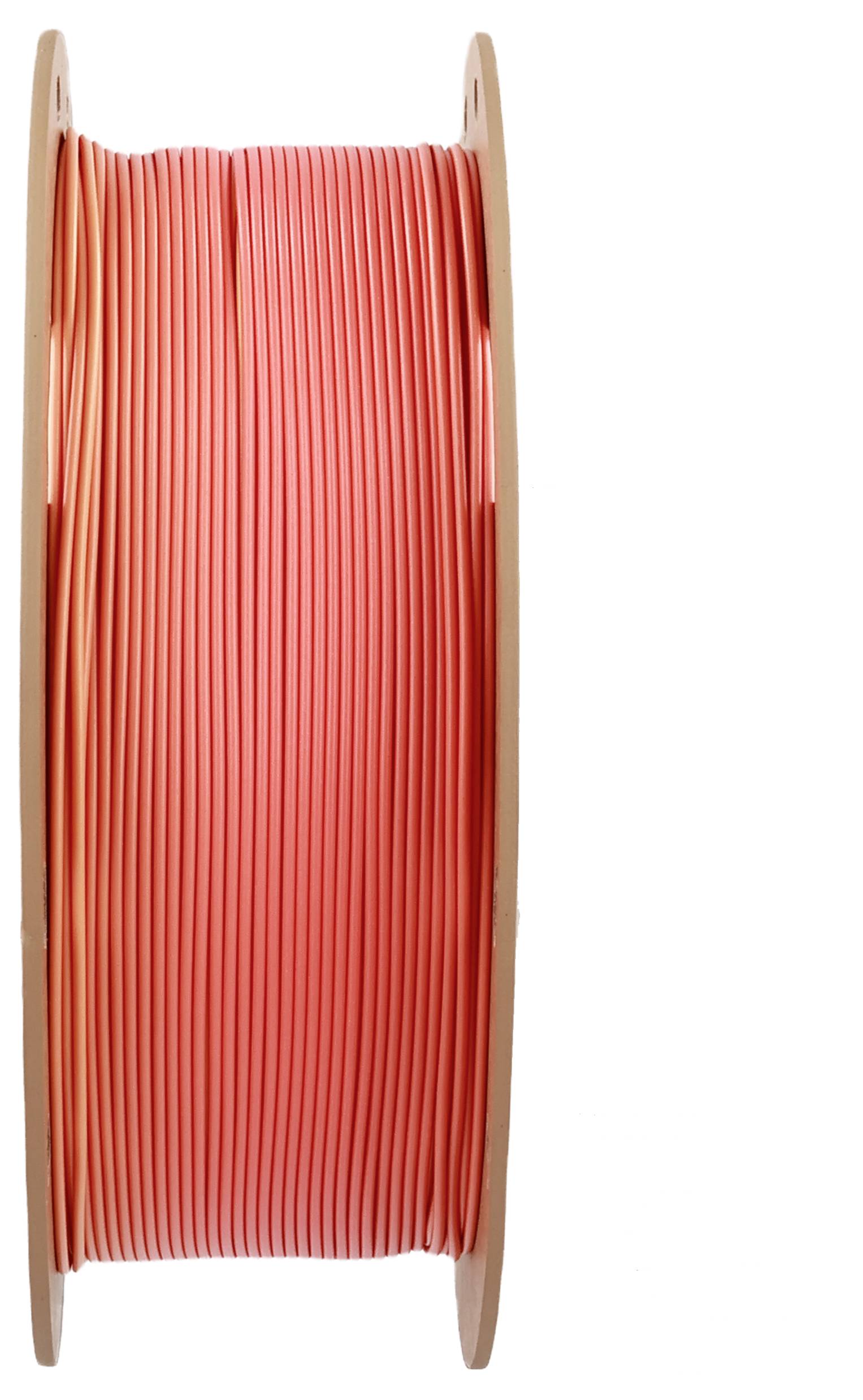 Rolle mit leuchtend rotem Filament für 3D-Drucker, vertikal angeordnet, seitliche Ansicht.