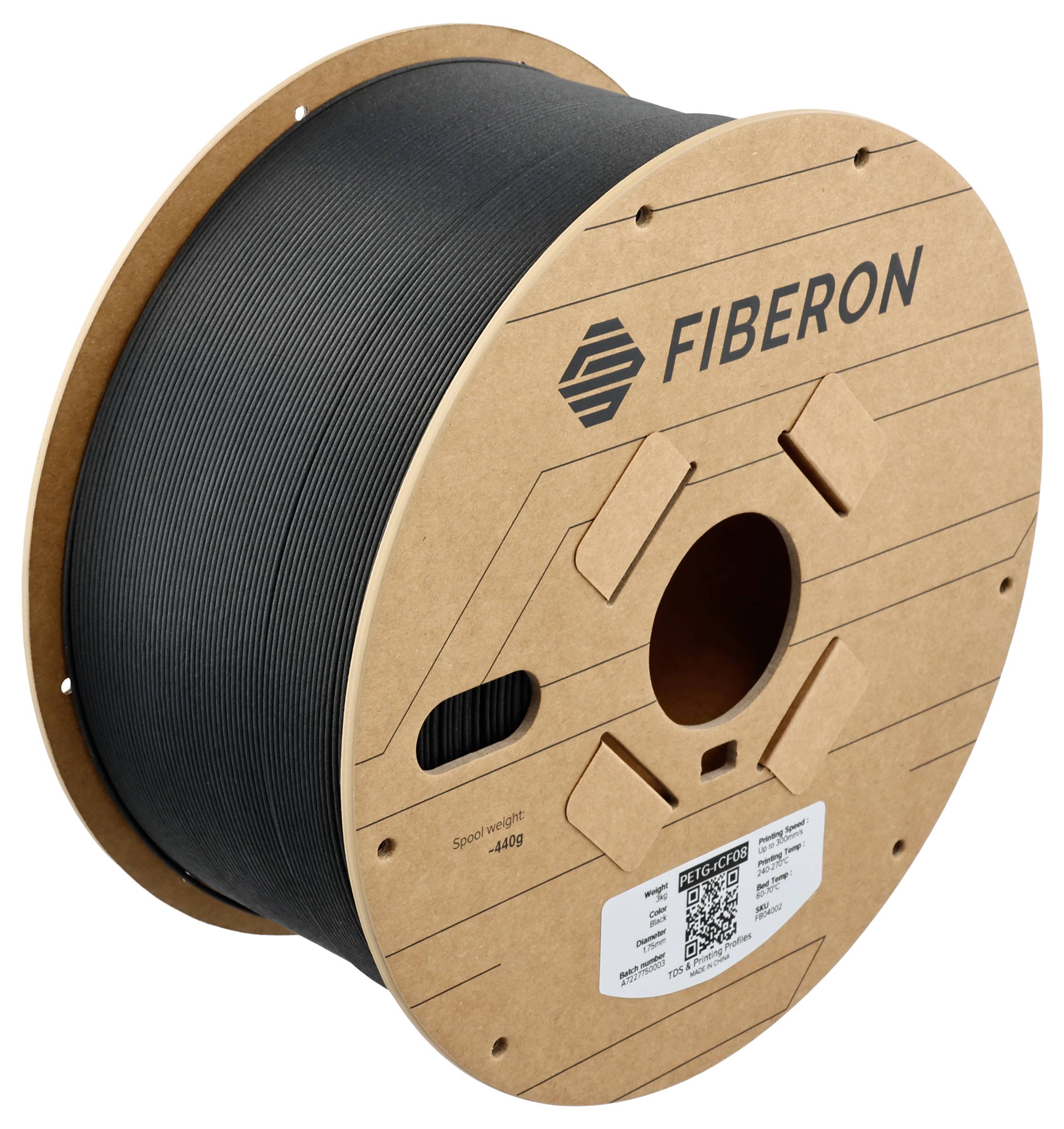 Große Spule mit schwarzem Material, das für den 3D-Druck verwendet wird. Das Logo 'FIBERON' und verschiedene technische Details sind sichtbar.