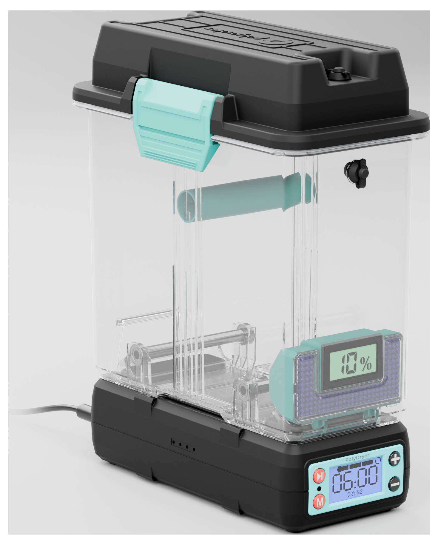 Ein schwarzer und transparenter Versiegelungsbehälter mit digitalem Display zeigt '06:00' und einen Fortschritt von '10%'.
