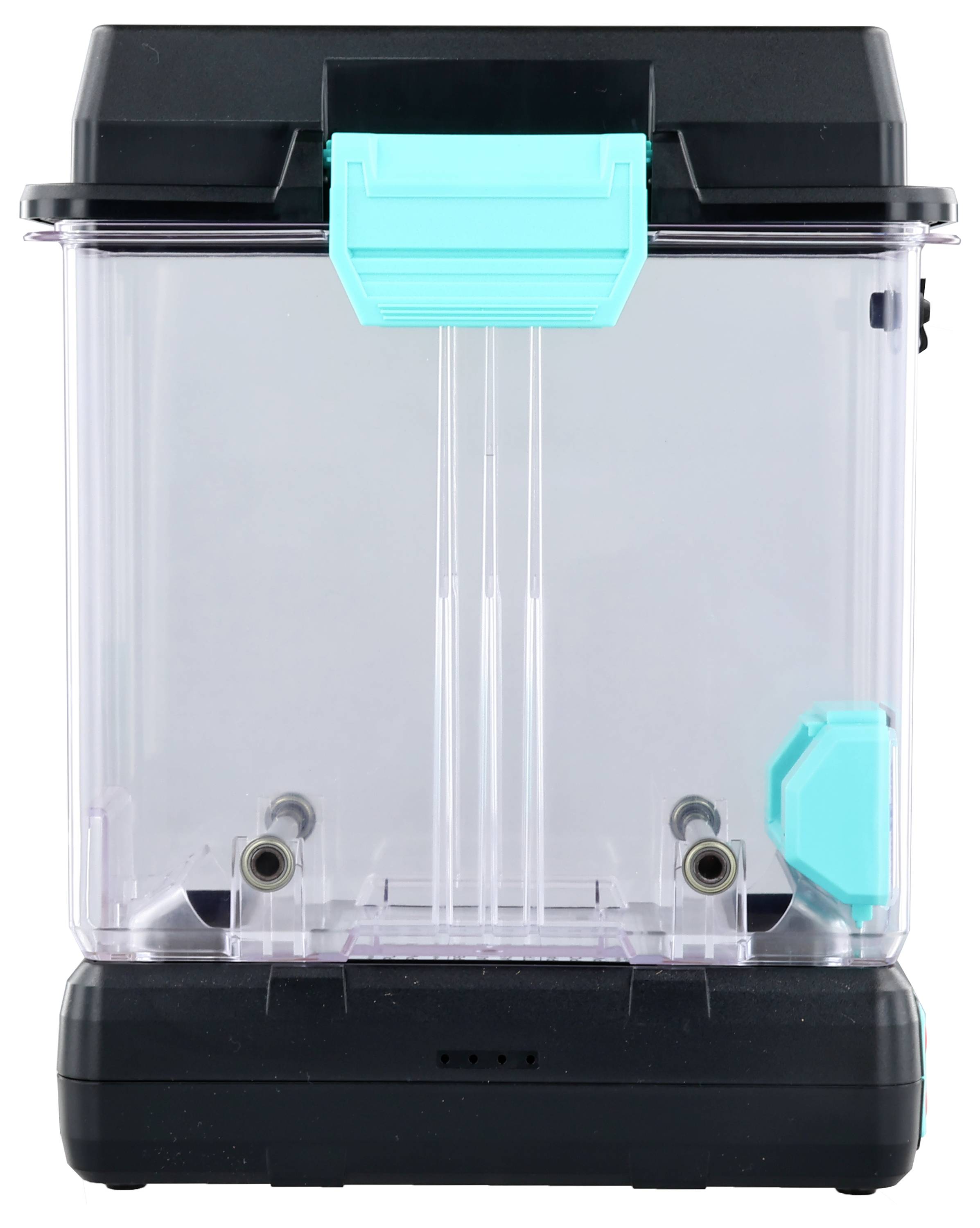 Ein transparenter Kunststoffbehälter mit schwarzem Deckel und türkisfarbenen Details, geeignet für Flüssigkeit oder Filtermaterial.