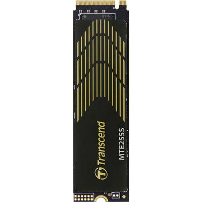 Eine schwarze SSD von Transcend mit der Modellnummer 'MTE255S' und goldener Beschriftung, geeignet für Hochgeschwindigkeits-Datenspeicherung.