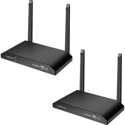 Zwei schwarze LogiLink-Geräte mit HDMI-Anschluss und Antennen, eines mit 'RX' und das andere mit 'TX' beschriftet.