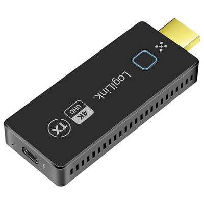 Schwarzer HDMI-Dongle mit 'LogiLink'-Logo, 4K UHD TX-Symbol und USB-C-Anschluss, dient zur drahtlosen Übertragung von Audio/Video.