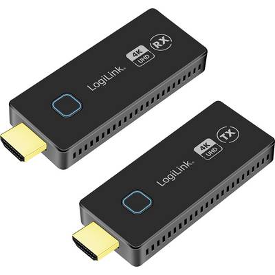 Zwei schwarze HDMI-Dongles von LogiLink mit Beschriftungen '4K UHD' und 'RX' sowie 'TX', geeignet für drahtlose Videoübertragungen.