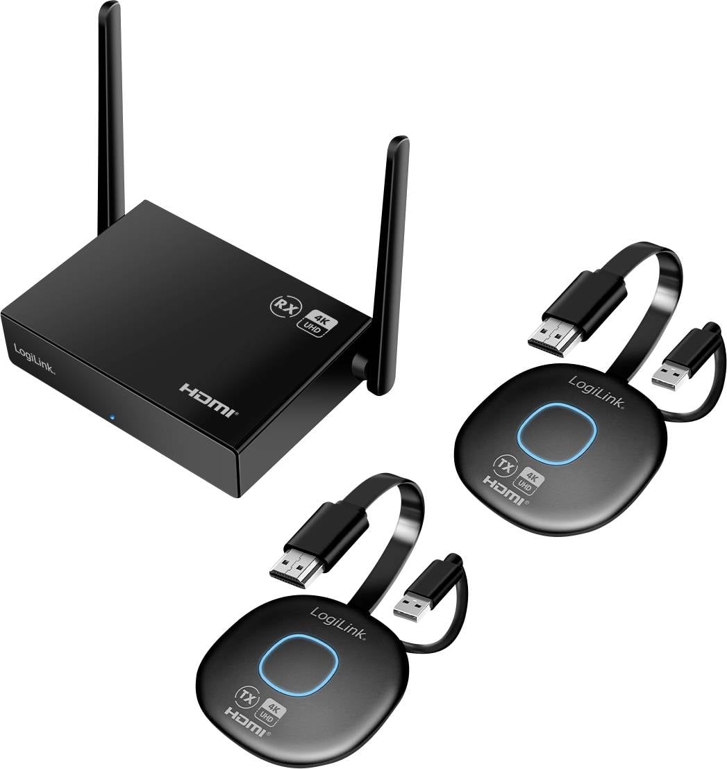 Kabelloses HDMI-Übertragungssystem mit einem Sender und zwei Empfängern, geeignet für die Übertragung von HD-Videosignalen.
