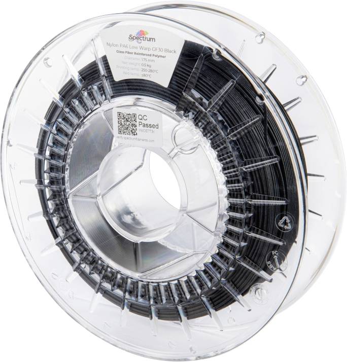 Spectrum Filaments 80740 PA6 Low Warp GF30 Filament PA6-GF Glasvezelversterkt, Hittebestendig, Chemisch bestendig, Mat 1.75 mm 500 g Zwart 1 stuk(s)
