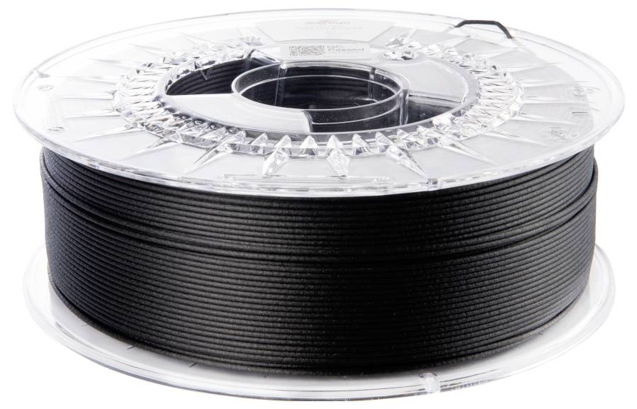 Eine Spule mit schwarzem, flexiblem 3D-Drucker-Filament, geeignet für detailreiche und anpassbare Druckprojekte.