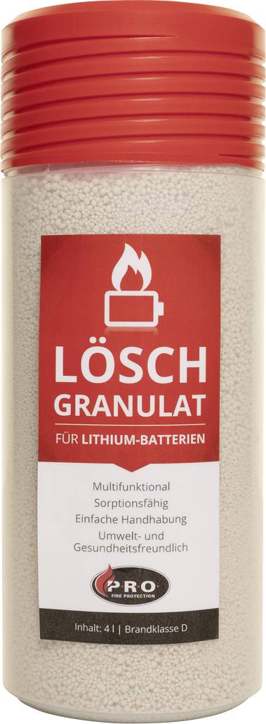 Ein Beutel mit 'Lösch Granulat für Lithium-Batterien'. Enthält 4 Liter. Beschriftung betont Umweltfreundlichkeit und Sicherheit.