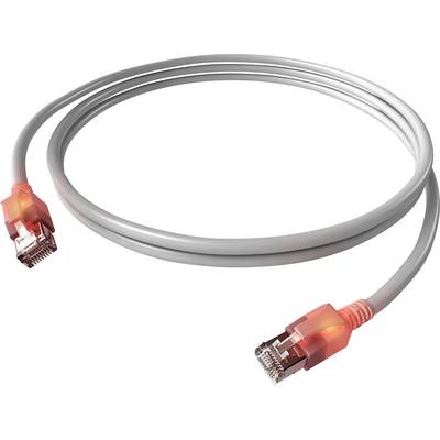 Graues Ethernet-Kabel mit rot leuchtenden Steckern an beiden Enden zeigt aktive Datenverbindung an.