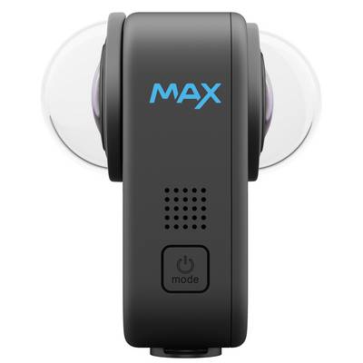 360-Grad-Kamera mit der Aufschrift 'MAX' oben. Sie hat zwei Linsen auf jeder Seite, einen Einschaltknopf vorne und ist schwarz.