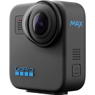 Kompakte Action-Kamera mit großem Objektiv und blauem 'MAX'-Logo rechts oben. Geeignet für 360-Grad-Aufnahmen.