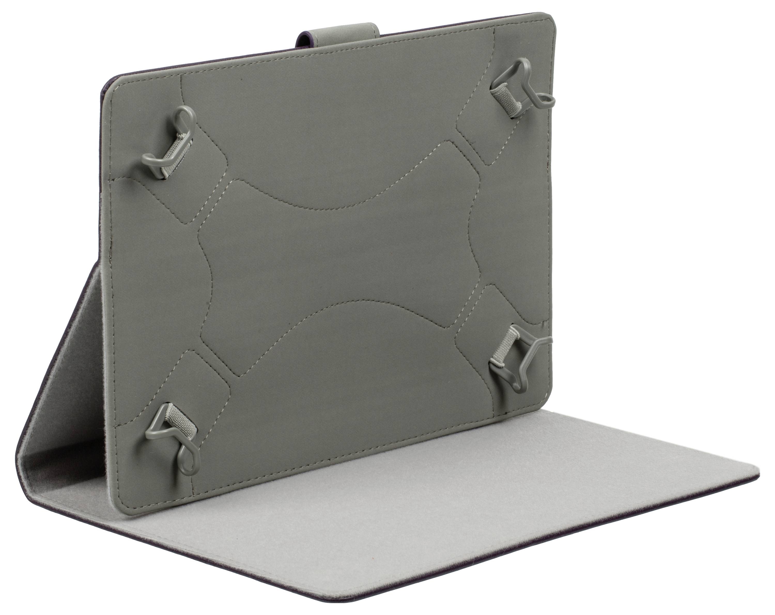 Tablet-Hülle in Grau mit verstellbaren Halterungen. Die Hülle ist aufgeklappt und zeigt elastische Laschen für die Sicherung eines Geräts.
