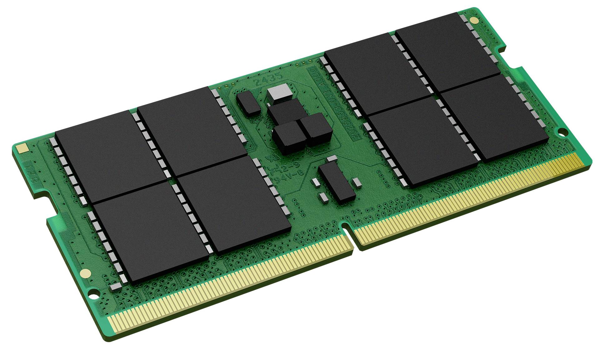 Ein grüner RAM-Speicherriegel mit schwarzen Speicherchips darauf, dient der temporären Datenverarbeitung in Computern.