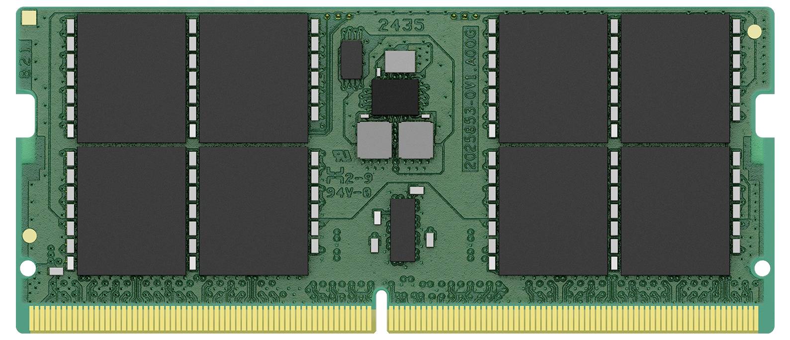 Ein grüner Computer-RAM-Riegel mit mehreren schwarzen Speicherchips, diagonaler Ansicht. Geeignet für Laptops und PCs.