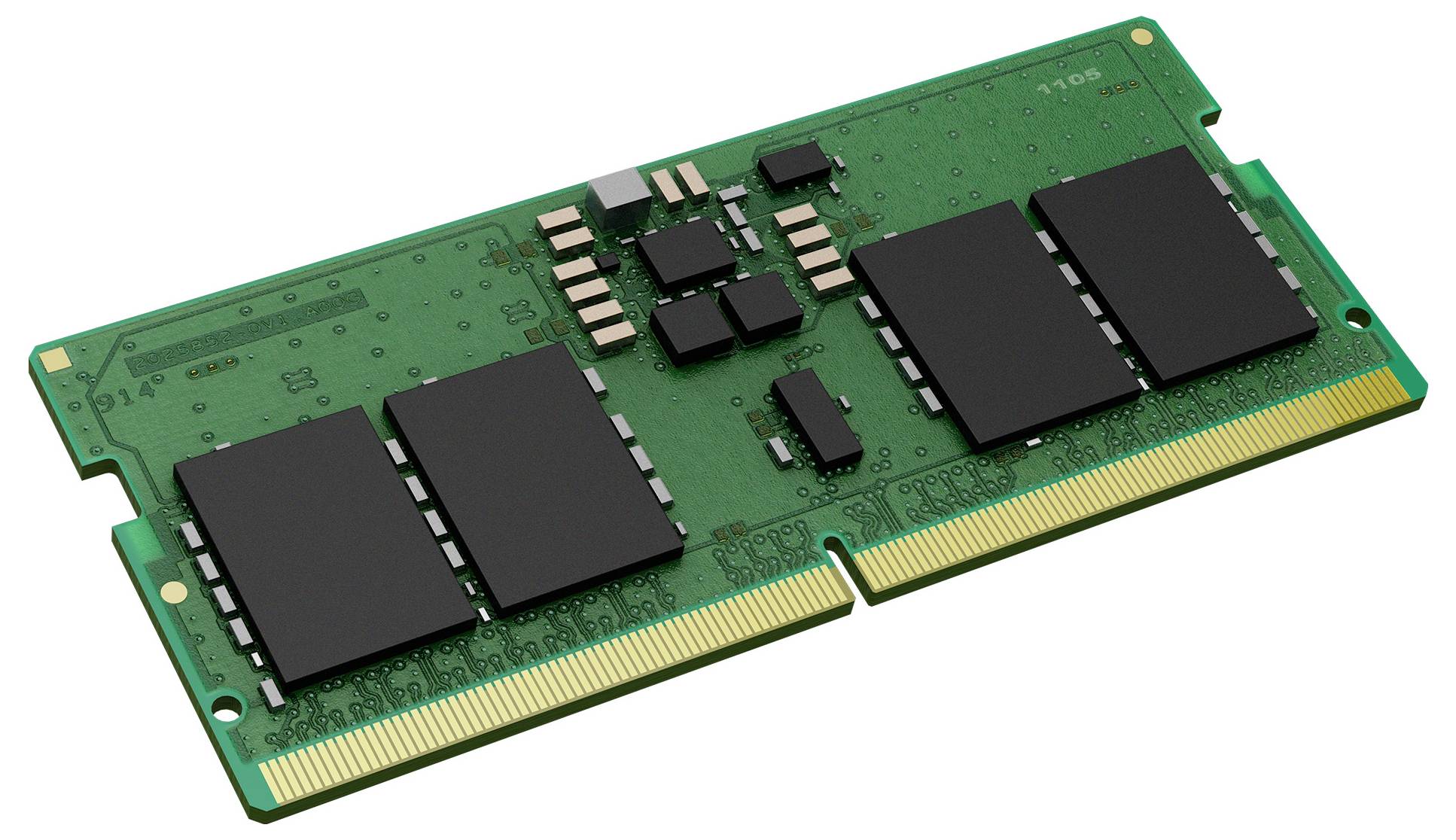 Ein grüner RAM-Speicherriegel mit mehreren schwarzen Chips, geeignet für Computer zur temporären Datenverarbeitung und -speicherung.