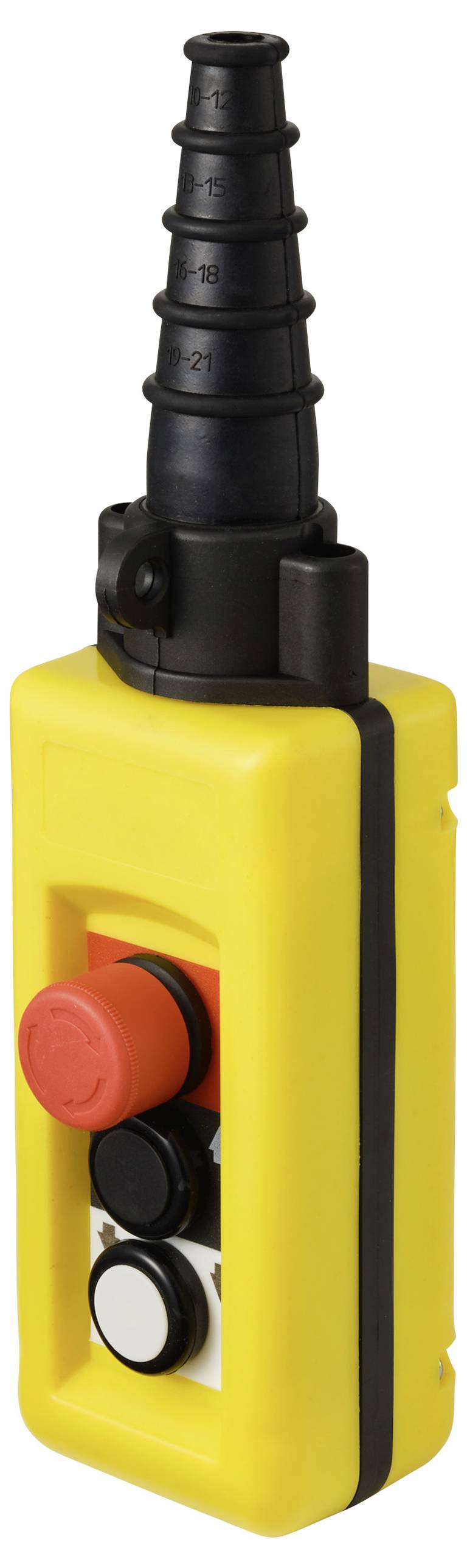 Eine gelbe tragbare industrielle Steuerung mit einem schwarzen flexiblen Kabelausgang, ausgestattet mit einem großen roten Notaus-Taster und zwei kleineren Tasten darunter.